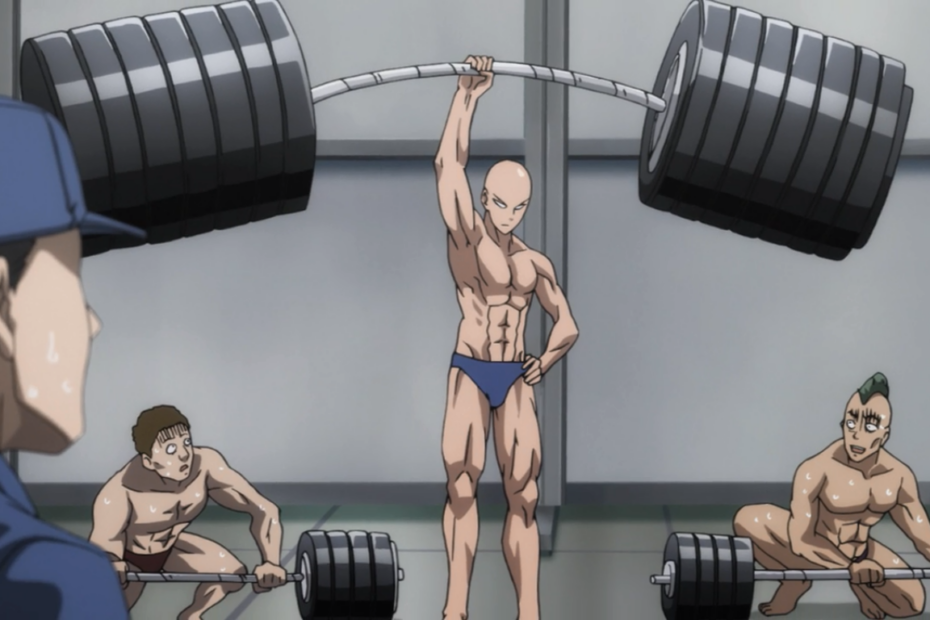 saitama holding a barbell